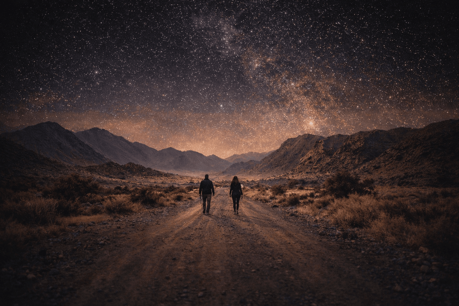 Desert landscape under starry night sky